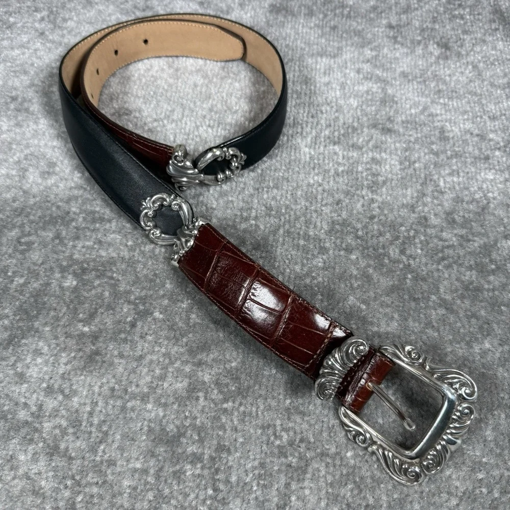 VTG 90s Brighton Two Tone Leather Belt Embossed Brown Black Women's Medium